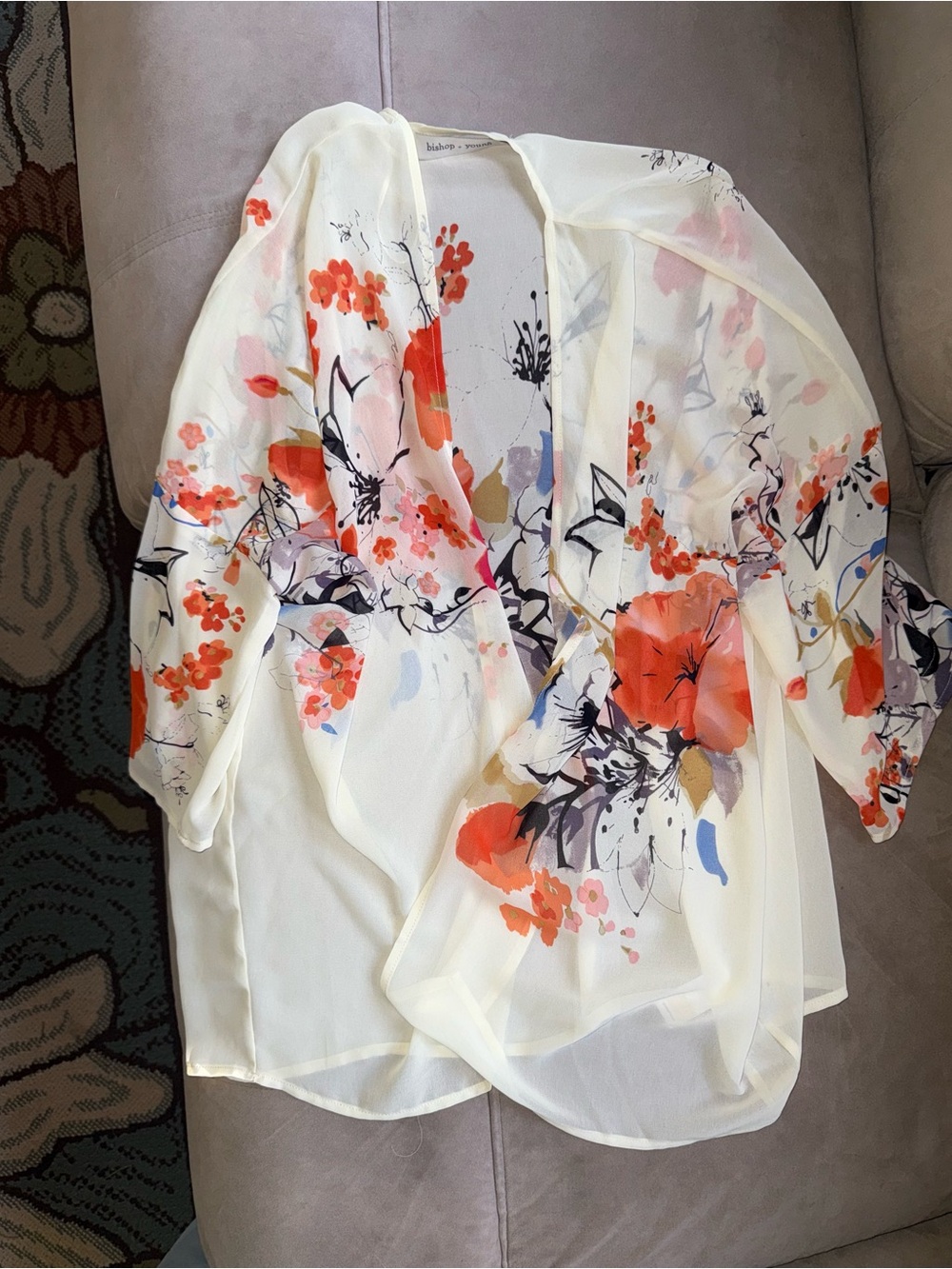 bishop + young  Sheer Floral Kimono with Coral and Lavender Accents